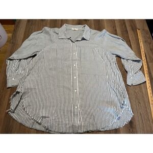 FESTI Green White Striped Button Up Shirt Long Sleeve Raw Hem Cotton Size 2